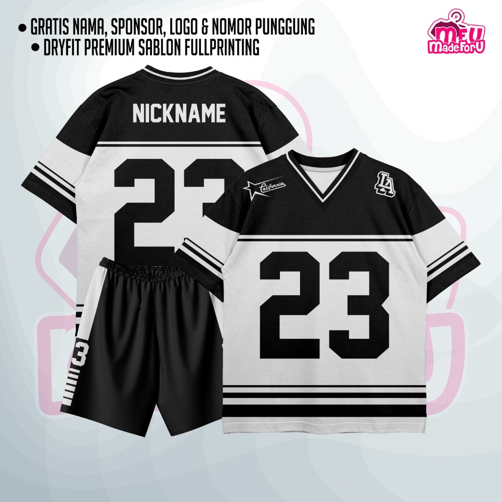 Jersey Custom Wanita/Pria LA California Hitam Putih Oversize Kerah V Neck - Gratis Custom Nama Nomor