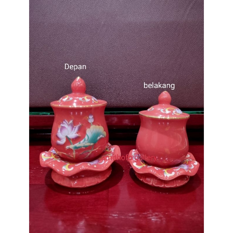 Gelas Tutup keramik motif teratai merah Cabe ANN/Gelas sembayang/gelas keramik tutup/gelas teratai