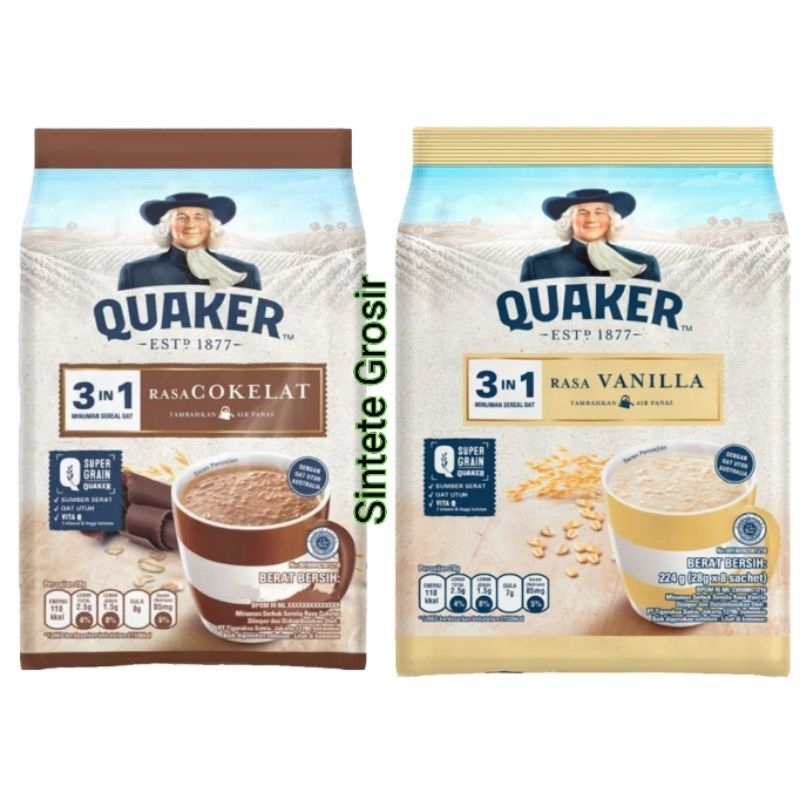 

Quaker Oats 3 in 1 Rasa Cokelat & Vanilla Bag isi 8 x 28 gram