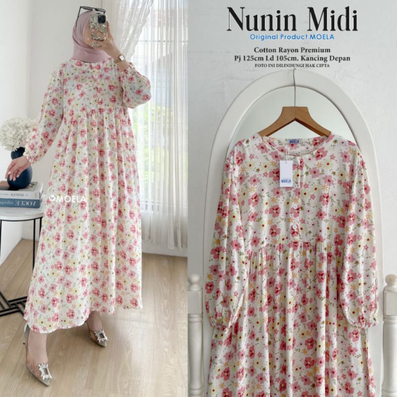 MOTIF RANDOM - Dress Midi Kancing Depan (Busi) Motif Bunga Bahan Rayon Premium Lengan Karet By Moela