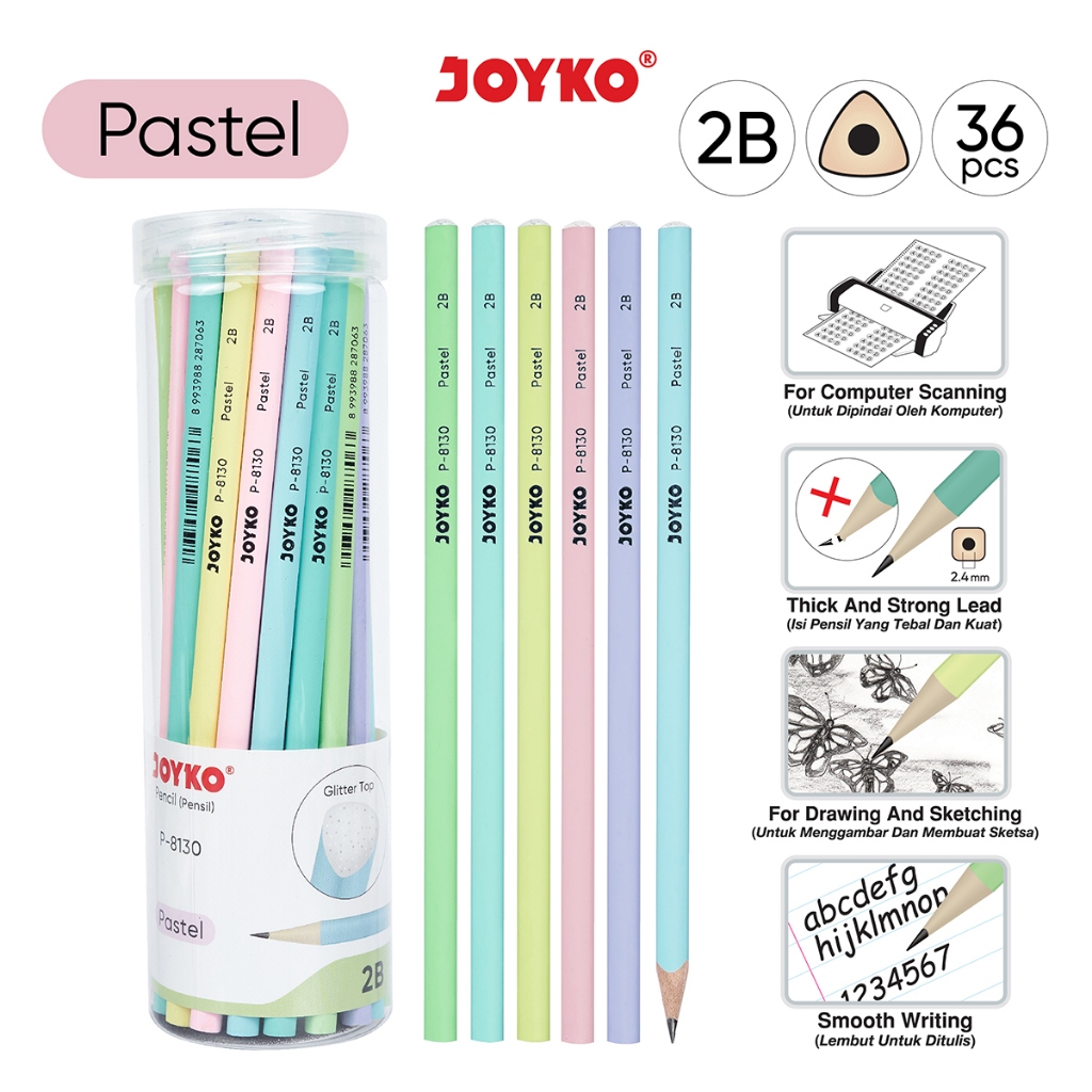 

JOYKO PENCIL 2B PASTEL PENSIL KAYU JOYKO 2B KOMPUTER UJIAN P-8130 DRUM [36PCS]