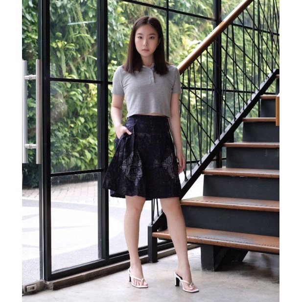 Stock Baru rok batik cap pendek wanita modern jumbo payung span murah dewasa warna merah marun motif