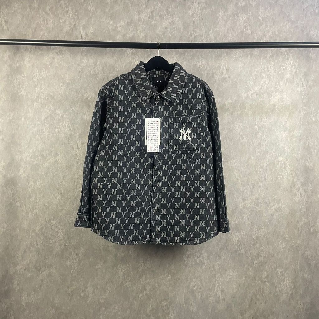 Kemeja MLB Black Full Motif Lengan Panjang denim Kemeja Pria Oversize Tee Atasan Kemeja New arrival 