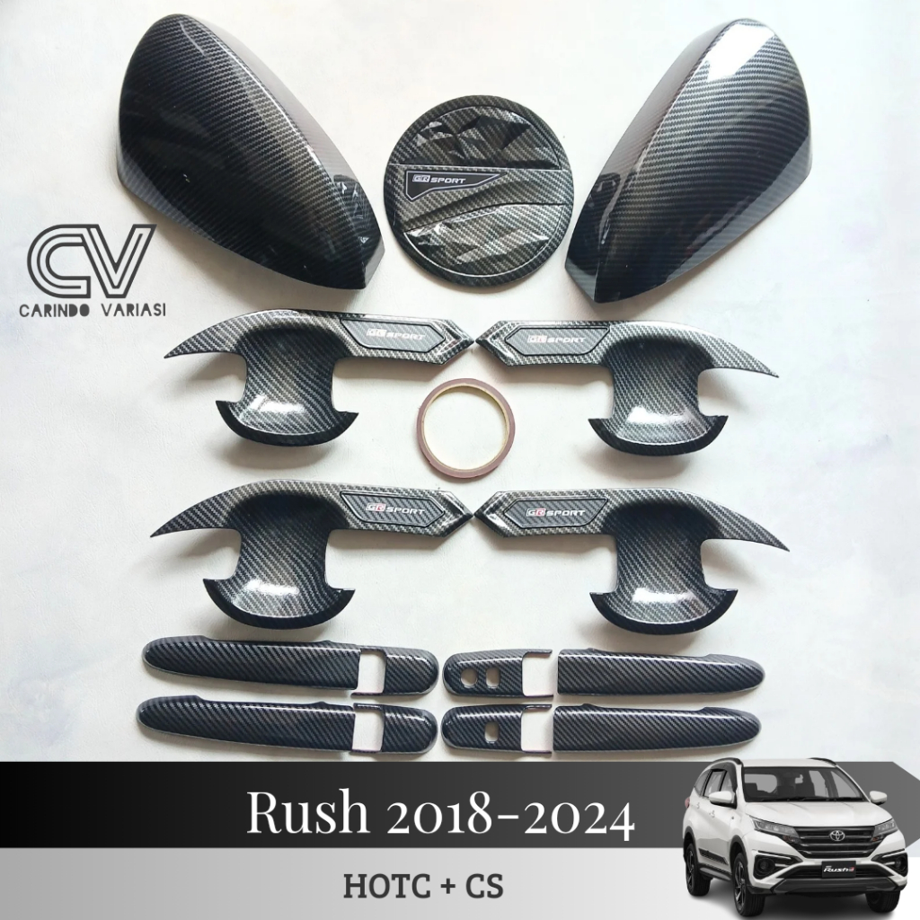 Paket Cover Spion Handle Outer Pintu Tutup Tangki Mobil Rush Gr Sport 2018 - 2024 Carbon