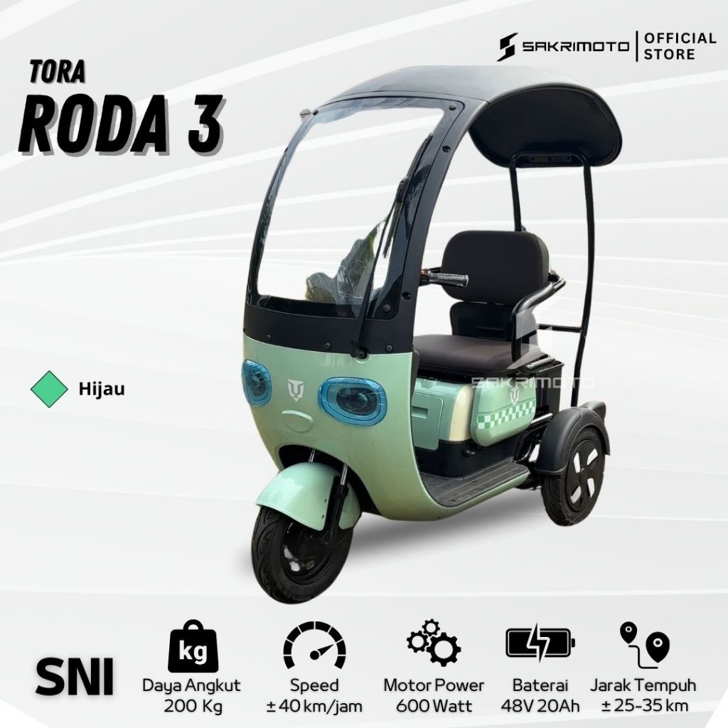 SEPEDA LISTRIK RODA 3 TIGA TUTUP ATAP DEWASA TORA 800 WATT -