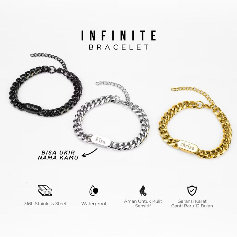 Gelang Tangan Tempahan UKIR NAMA Pria dan Wanita Gelang tangan Unisex, Anti Karat Bracelet, Gelang T