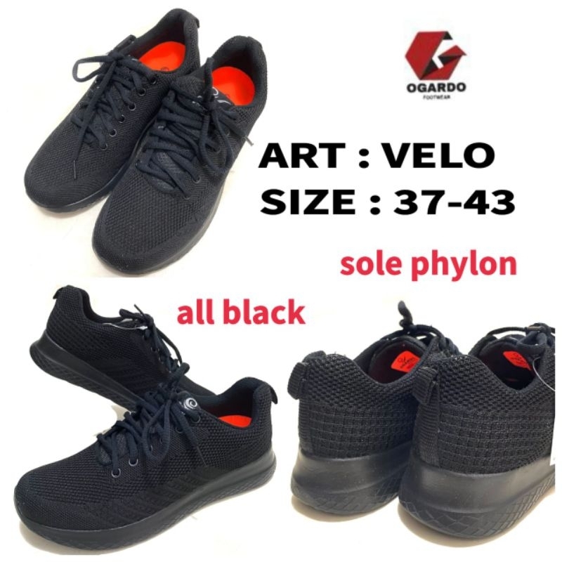 Sepatu Sekolah Unisex Sneakers Original Ogardo VELO Size 37-43 All Black // Sepatu Sekolah Ogardo Te