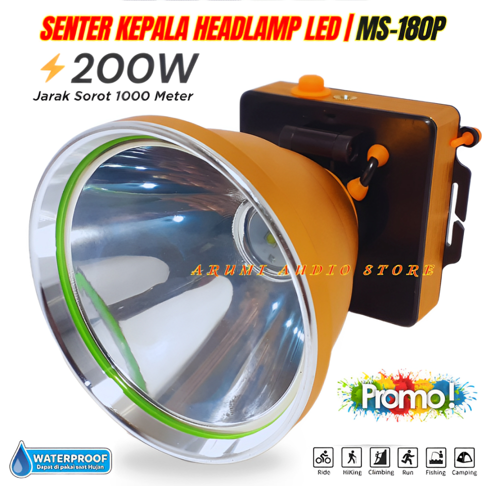 Senter Kepala 200 Watt Mitsuyama Ms-180p Cahaya Putih Super Terang Batrai 7200mah | Headlamp Super B