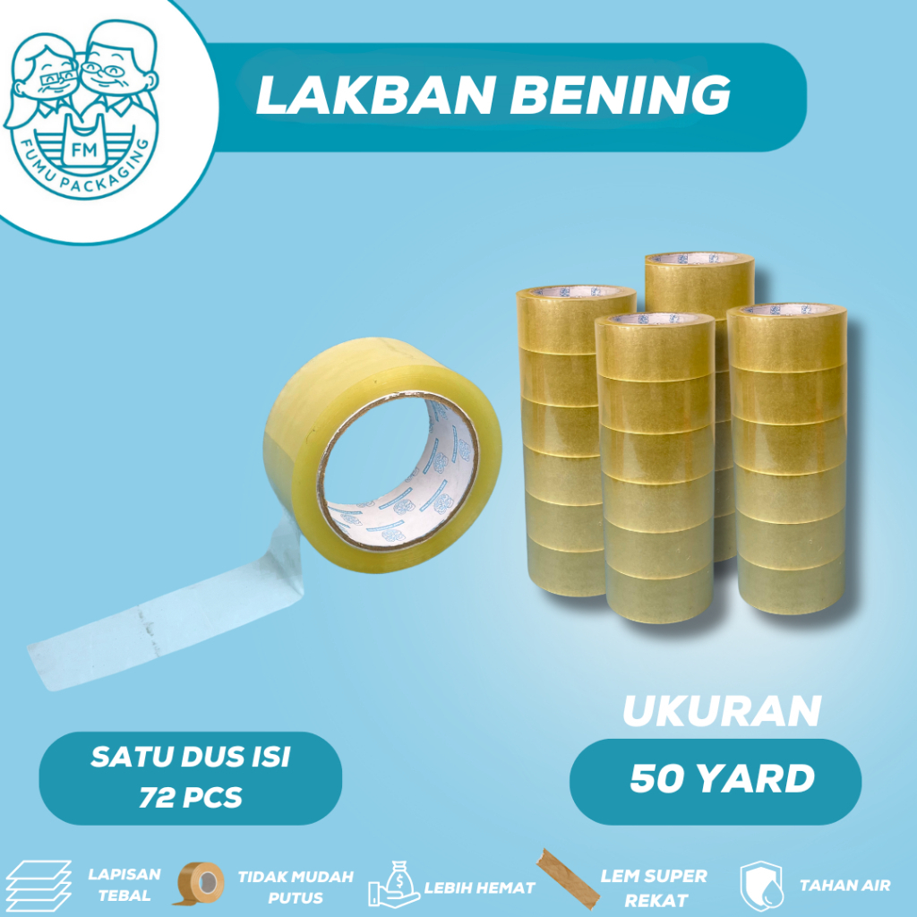 

LAKBAN BENING 50YARD 46M FUMU PACKAGING SELOTIP CLEAR MURAH PREMIUM/LAKBAN TEBAL/LAKBAN KUAT GROSIR