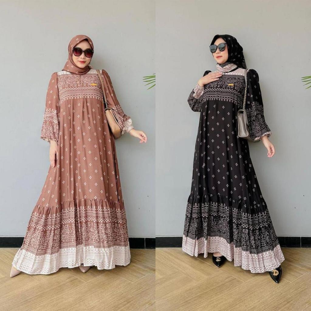 GFW - Gamis Alya Etnik Dress Ceruty Printing Set Hijab Segiempat Motif Etnik Full Furing Busui