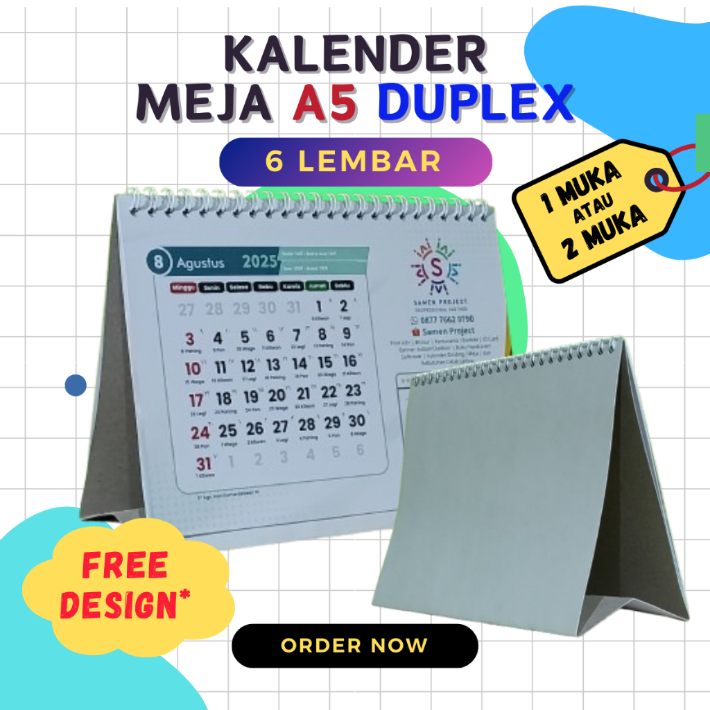 

Cetak Kalender Meja Duduk A5 Duplex 2025 Spiral Custom 6 Lembar 1 atau 2 sisi Bolak Balik Free Design