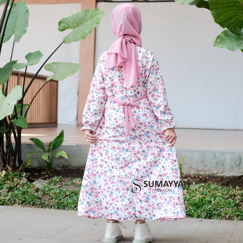 PROMO TERBARU SUMAYYAH- GAMIS ANAK SET HIJAB PASHMINA SHAKILA MOTIF BUNGA MIX CERUTY BABYDOLL USIA