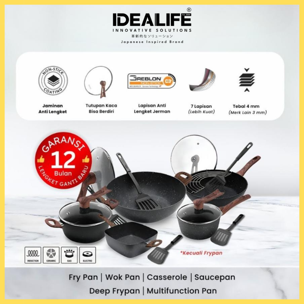 IDEALIFE frypan wok pan sauce pan wajan anti lengket wajan marble