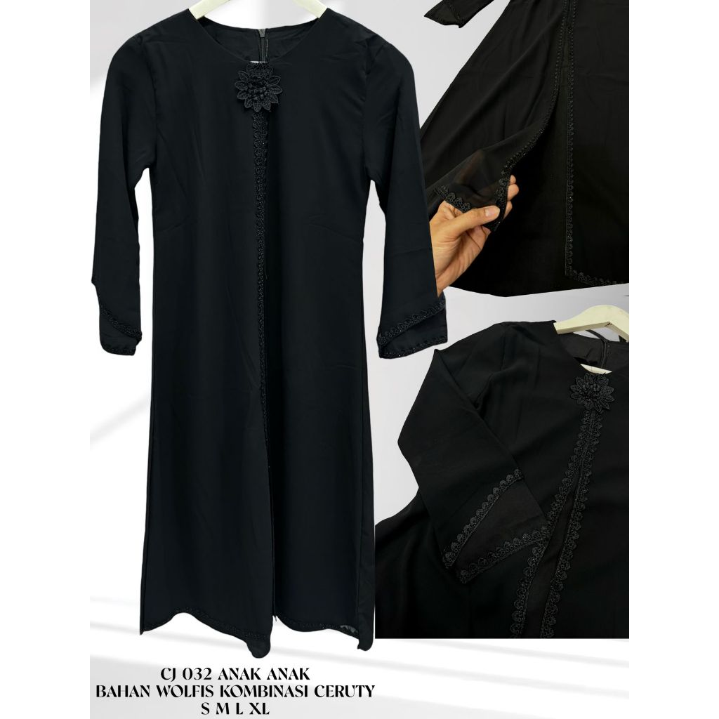 CJ 032 (isi 4) ASYA Gamis Anak Tanggung Wolfis Kombinasi Ceruty Lebar Mayung Premium Polos Hitam