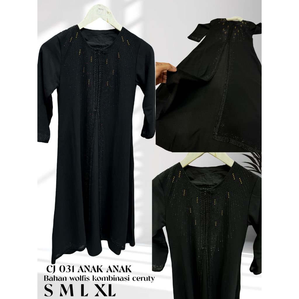 CJ 031 (isi 3) ASYA Gamis Anak Tanggung Wolfis Kombinasi Ceruty Lebar Mayung Premium Polos Hitam