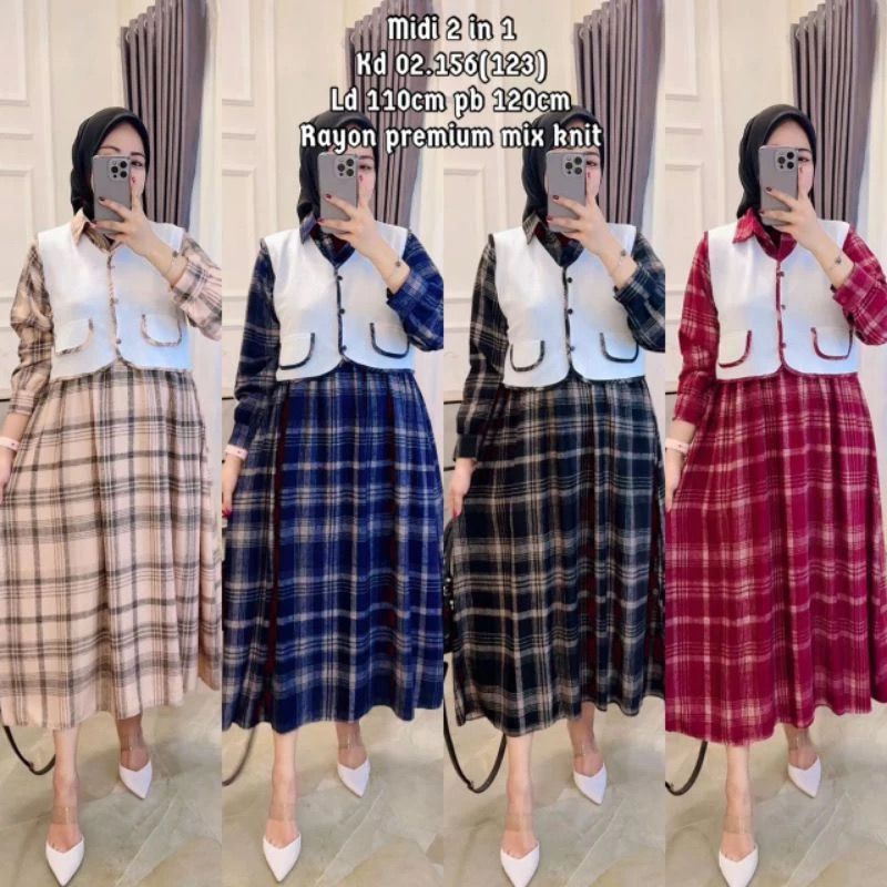 Gamis midi kotak 2 IN 1 Rayon twill mix rompi cringkle premium gamis terbaru lebaran