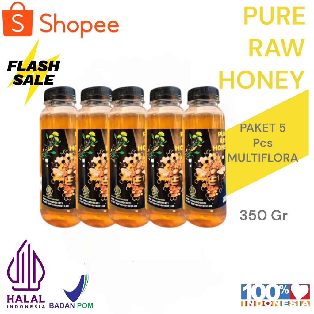 

Paket 5 pcs Madu Murni Asli 35O gr Nektar Multiflora100% Alami Pure Natural Raw Honey
