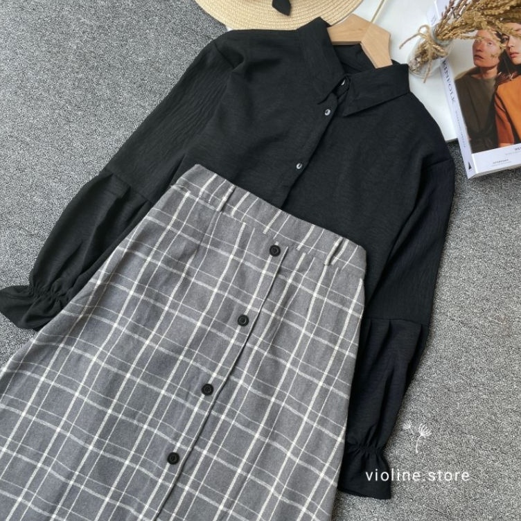 Borong Hemat  Violinestore  ONESET KOREAN STYLE KEKINIAN ATASAN CRINKLE ROK FLANEL OOTD FASHION KEKI