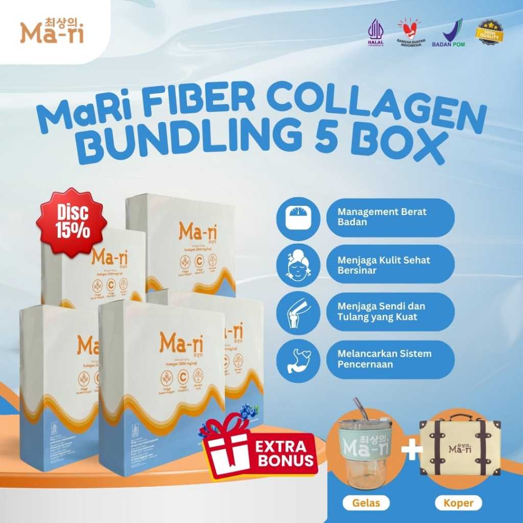 

MaRi Fiber Drink With Collagen 5 Box Minuman Fiber Collagen + Gelas Cantik & Tas Koper Always Mari