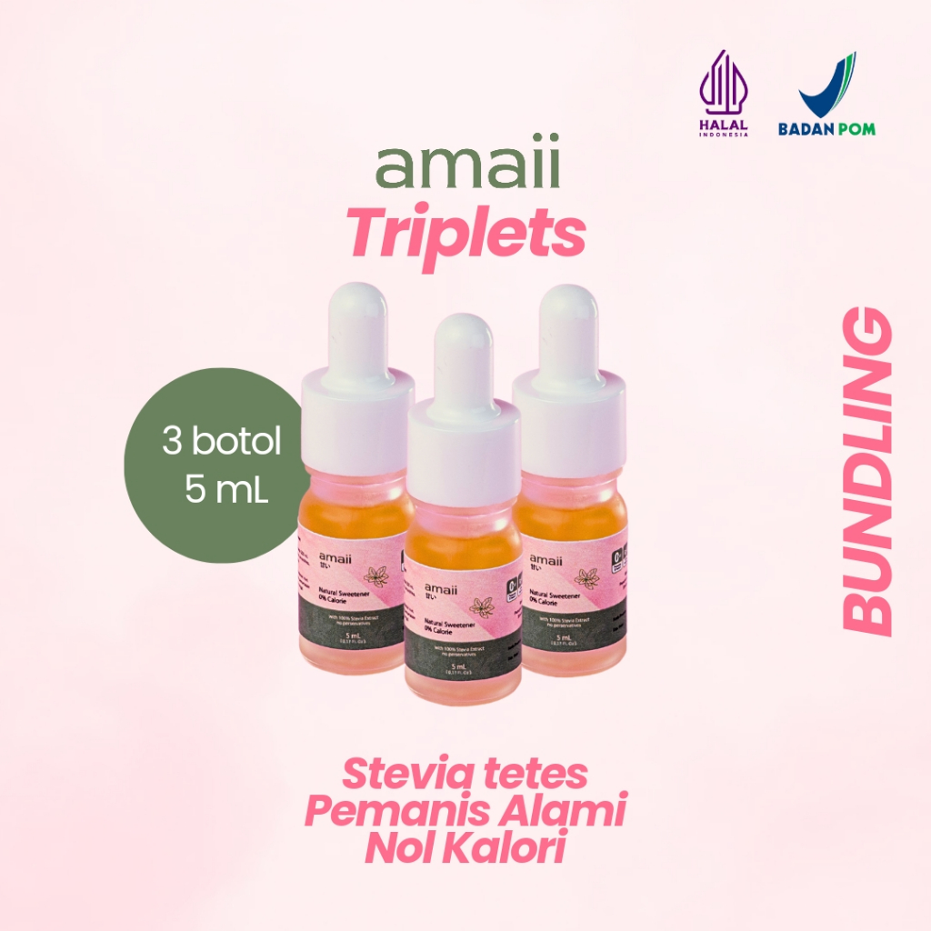 

BUNDLING AMAII TRIPLETS (3 Botol x 5 mL) - Pemanis Alami Nol Kalori / Natural Sweetener Zero Calorie Liquid Stevia