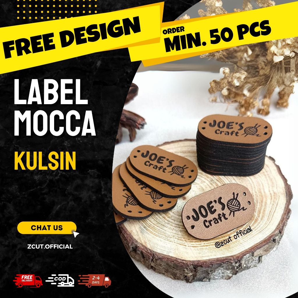 [MIN 50pcs] Label Kulit Sintetis Kulsin Custom Rebranding dompet, rajut, tas, pakaian Warna MOCCA