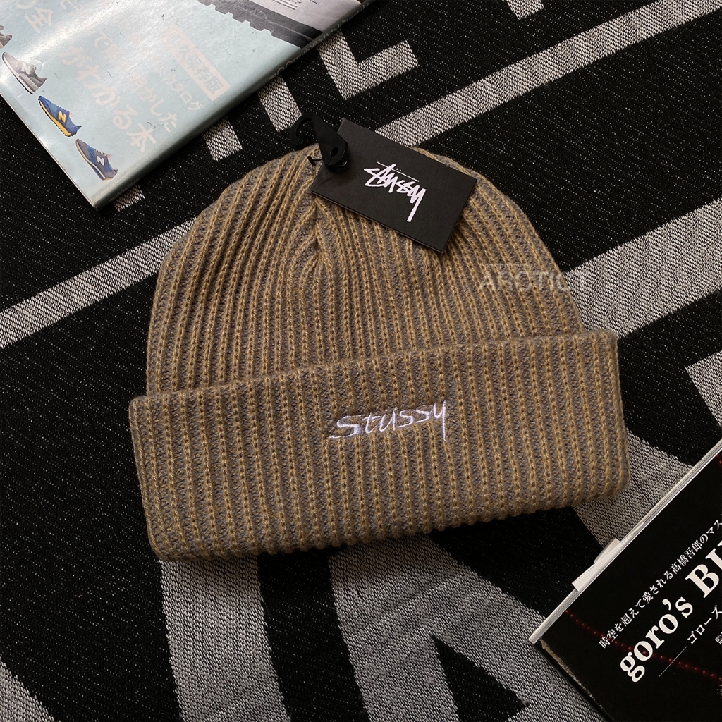 STUSSY 2 TWO TONE KNIT SHORT BEANIE HAT - TAN | KUPLUK STUSSY