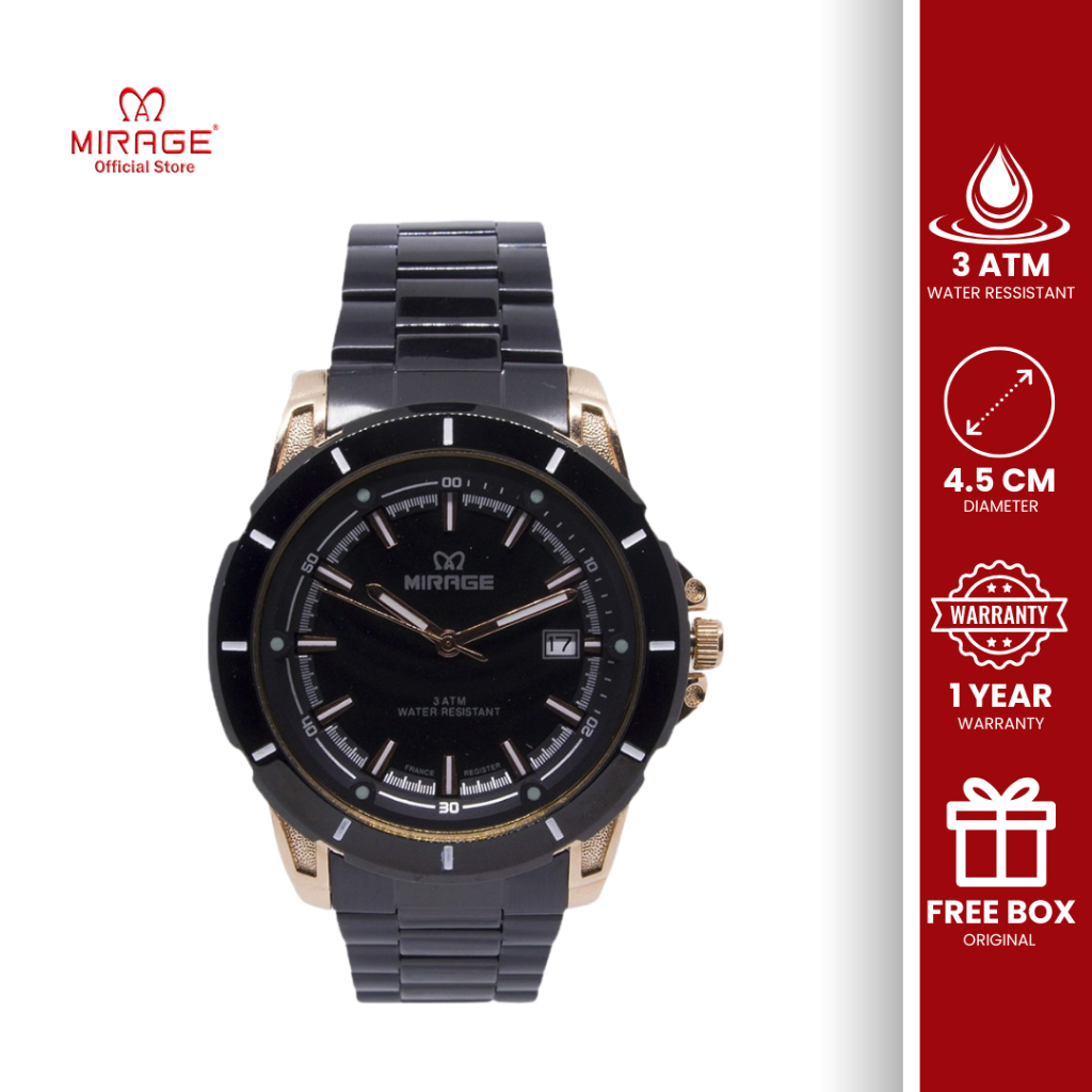 Mirage Jam Tangan Pria Formal Hitam Rosegold Original Analog Stainless Anti Karat Anti Air 8713 M