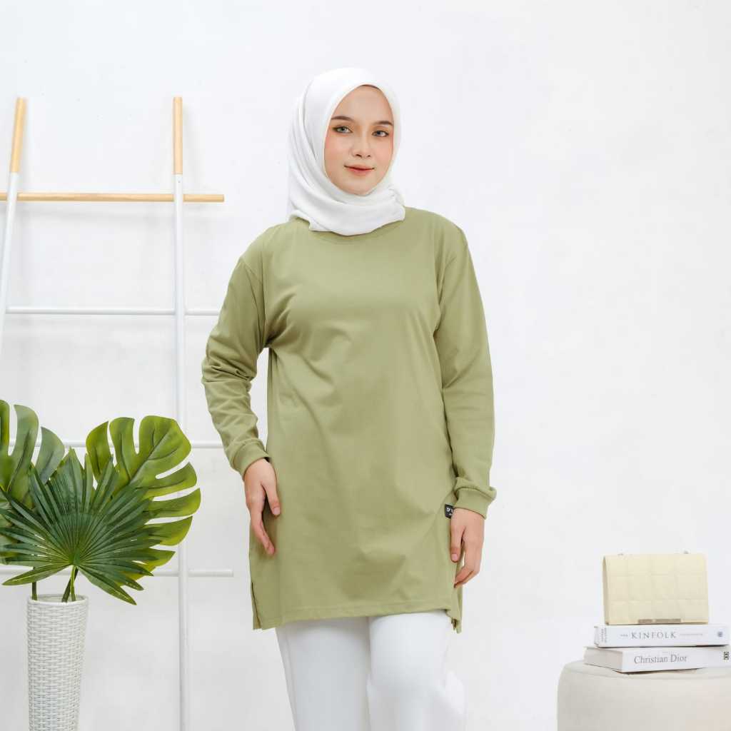 Tunik Wanita Kaos Polos Lengan Panjang Warna Sage Green Tea Combed 24S Tunic Jumbo