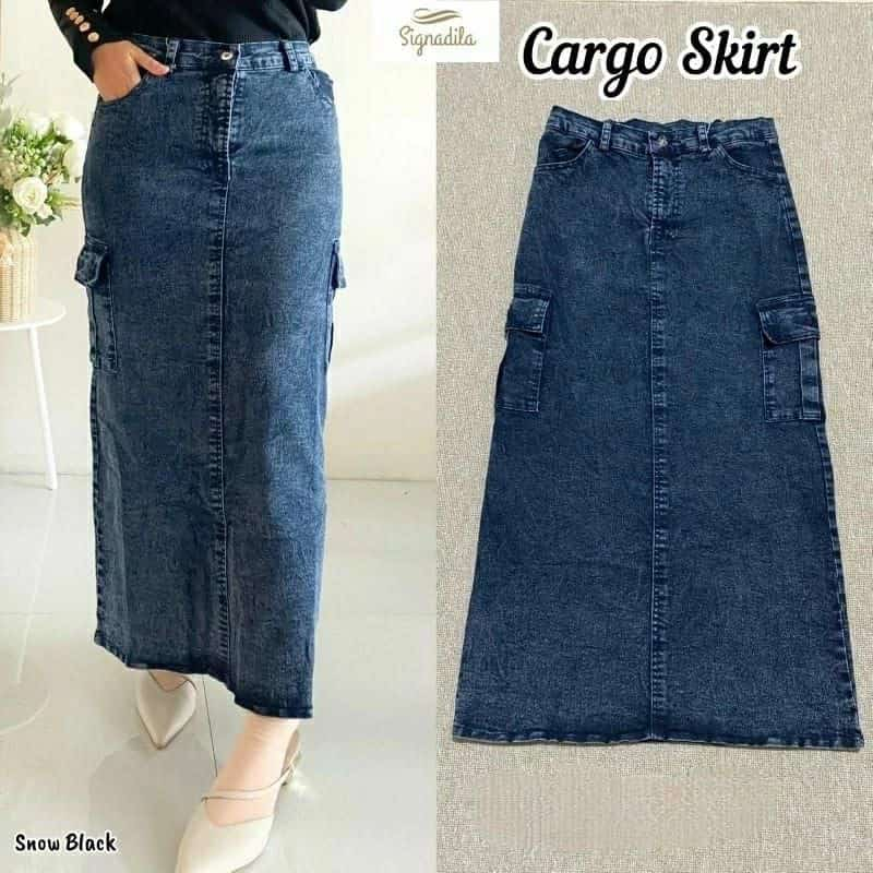 Rok Jeans Cargo Rok Cargo Belah Samping Rok Wanita Cargo Skirt All Size Rok Cargo Wanita Belah Sampi