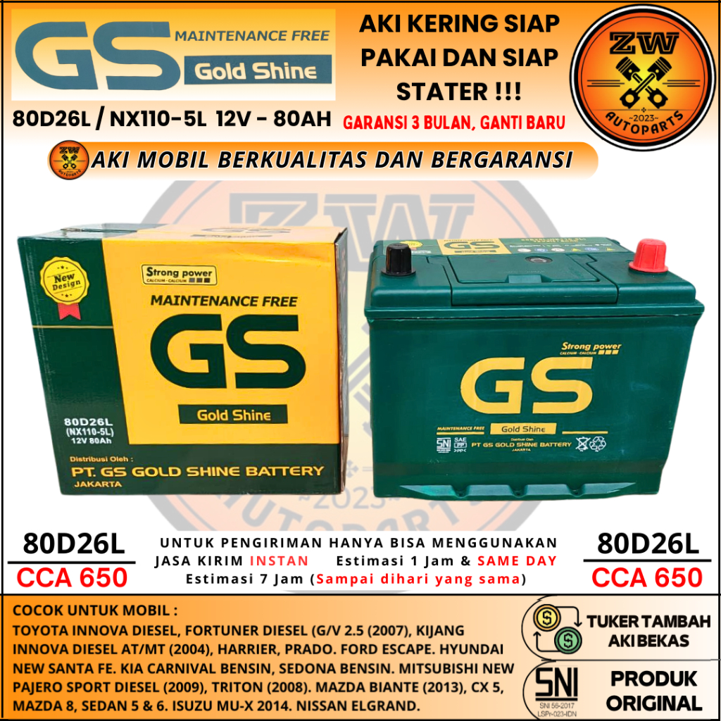 AKI MOBIL MITSUBISHI PAJERO SPORT, TRITON 80D26L GS MF AKI KERING 80AH