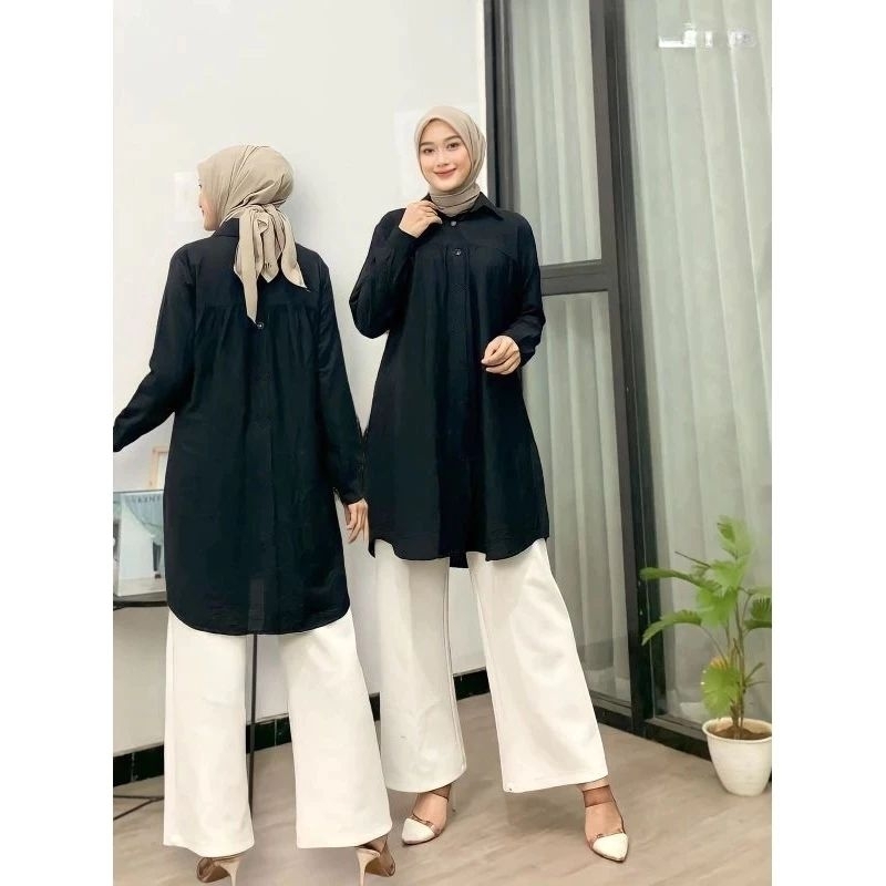 Tunik polo linen kombinasi kancing belakang