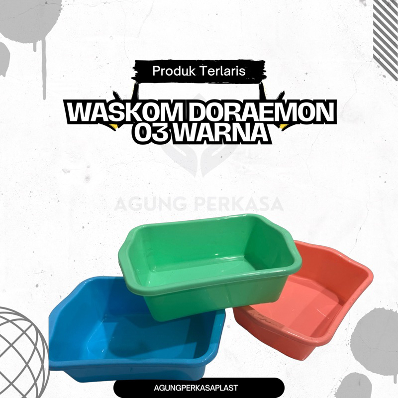 WASKOM DORAEMON 03 warna BASKOM PLASTIK / BASKOM KOTAK KECIL / LITTER BOX KUCING / WADAH SABUN KOSME