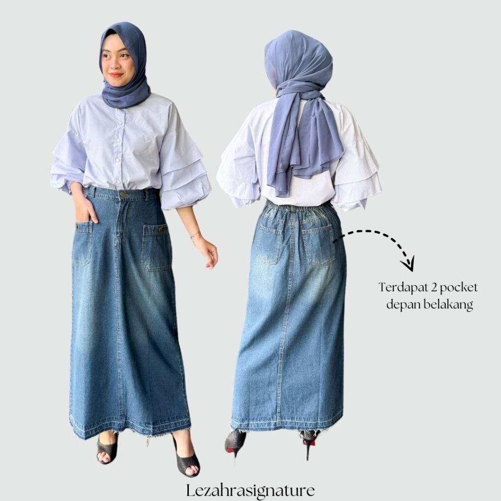 Rok Jeans Panjang Wanita Muslimah Kuliah | Rock Span Ootd Hangout Terkini Denim Levis Cut Maudy LEZA