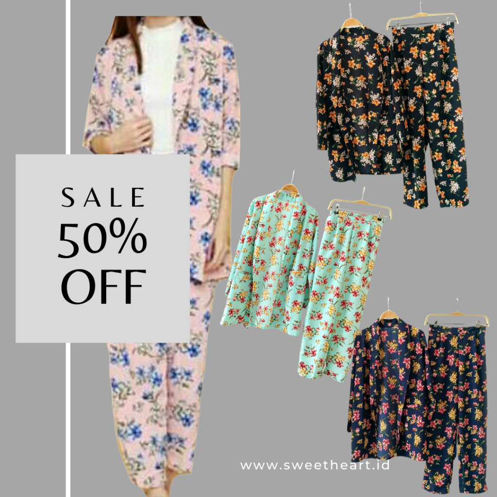 Setelan Wanita Set Celana Panjang Motif Bunga - Zaaraa Blazer Set