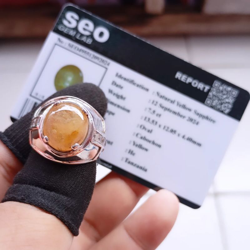 Cincin Pria Yellow Safir bermemo sertifikat Perak 925
