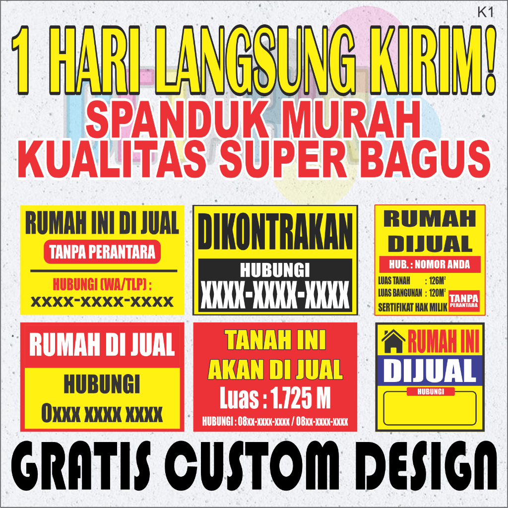 Spanduk Rumah Dijual / Spanduk Rumah Dikontrakan / Spanduk Custom / Spanduk Murah / Spanduk 1 Hari J