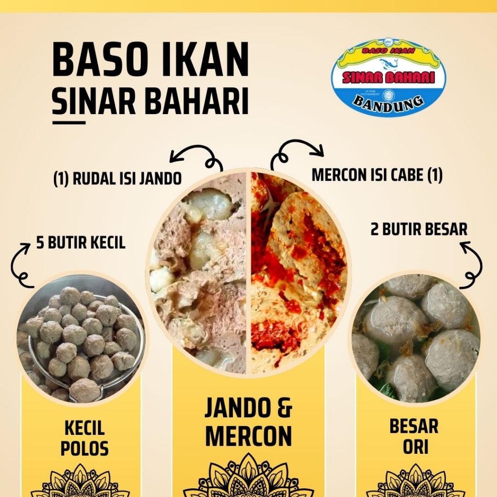 

Baso Ikan Rudal Jando, Rudal Mercon, Baso Besar Isi Cincang, Baso Kecil, Bumbu Komplit