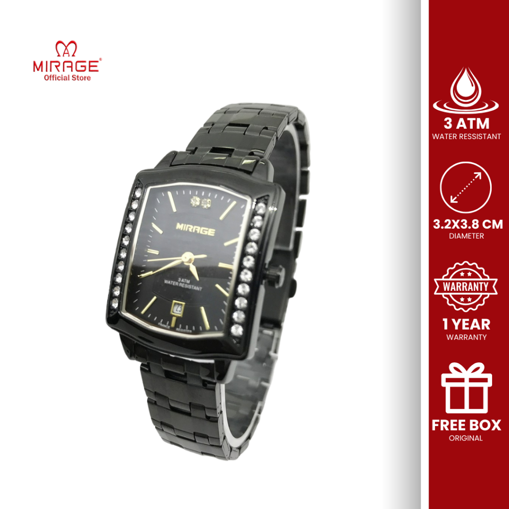 Mirage Analog Jam Tangan Wanita Permata Mewah Segi Petak Original Stainless Hitam Tahan Air 7442 L