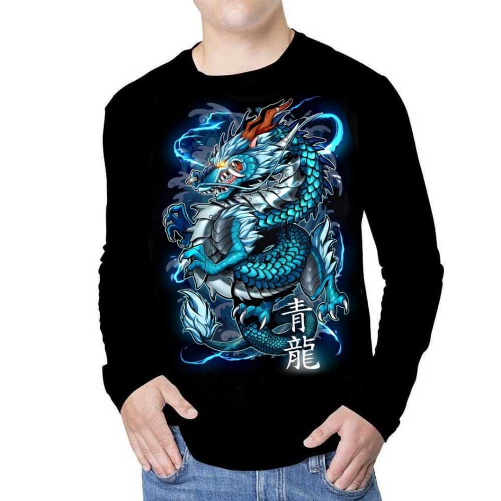 Kaos Distro Lengan Panjang Naga Biru