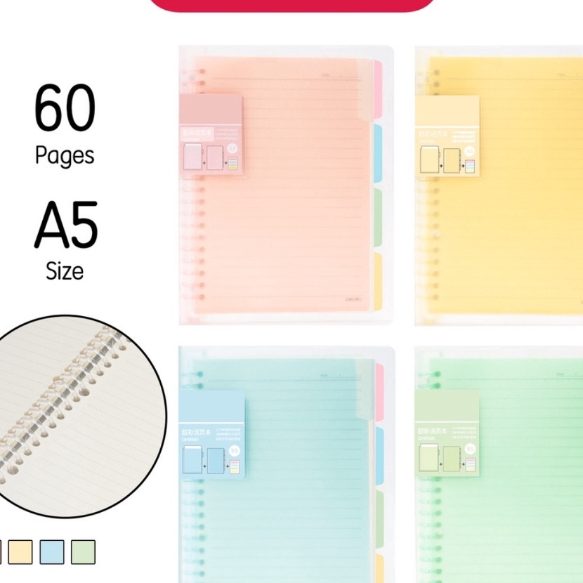 

Langka Deli QHA56 QHB56 Buku Vivid Lose Leaf Binder A5 6 Halaman Warna Pastel