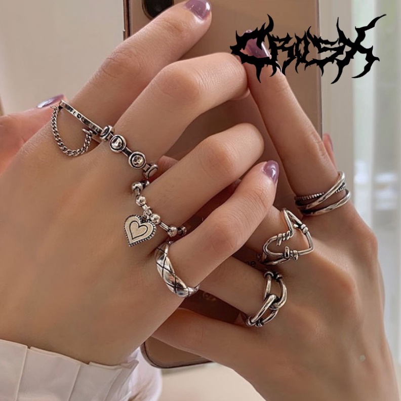 ESSE RING SET 7PCS LOVE OVAL POLA HATI CHAIN RANTAI WIRE CINCIN HITAM SILVER COUPLE RING CINCIN COUP
