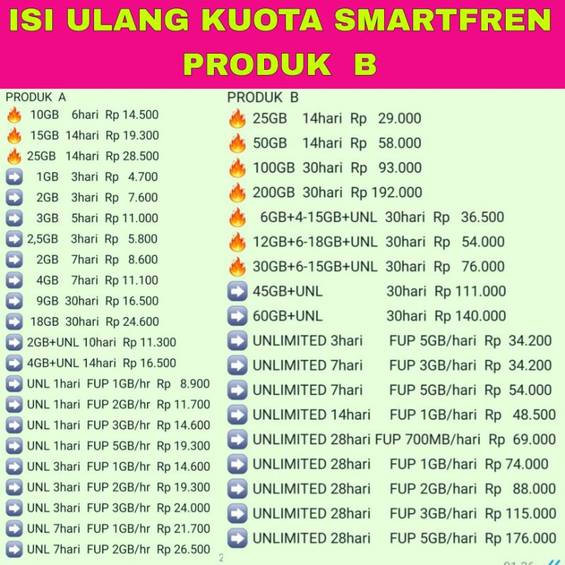 (SMARTFREN B) paket data smartfren / kuota smartfren unlimited harian / isi ulang kuota smartfren / 