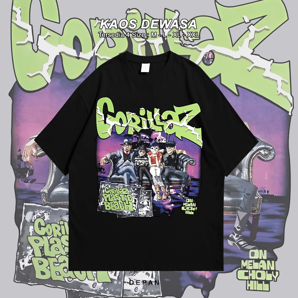 T-shirt | Kaos Band | Gorillaz (plastic beach) premium cotton combed 24s unisex kaos pria wanita kek
