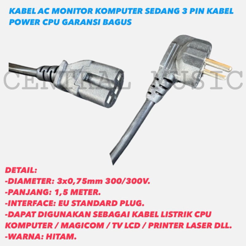 KABEL AC MONITOR KOMPUTER SEDANG 3 PIN KABEL POWER CPU GARANSI BAGUS