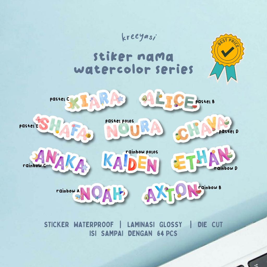 

[ WATERCOLOR ] HARGA HEMAT - STIKER LABEL NAMA WATERPROOF - KREEYASI X STIKOO