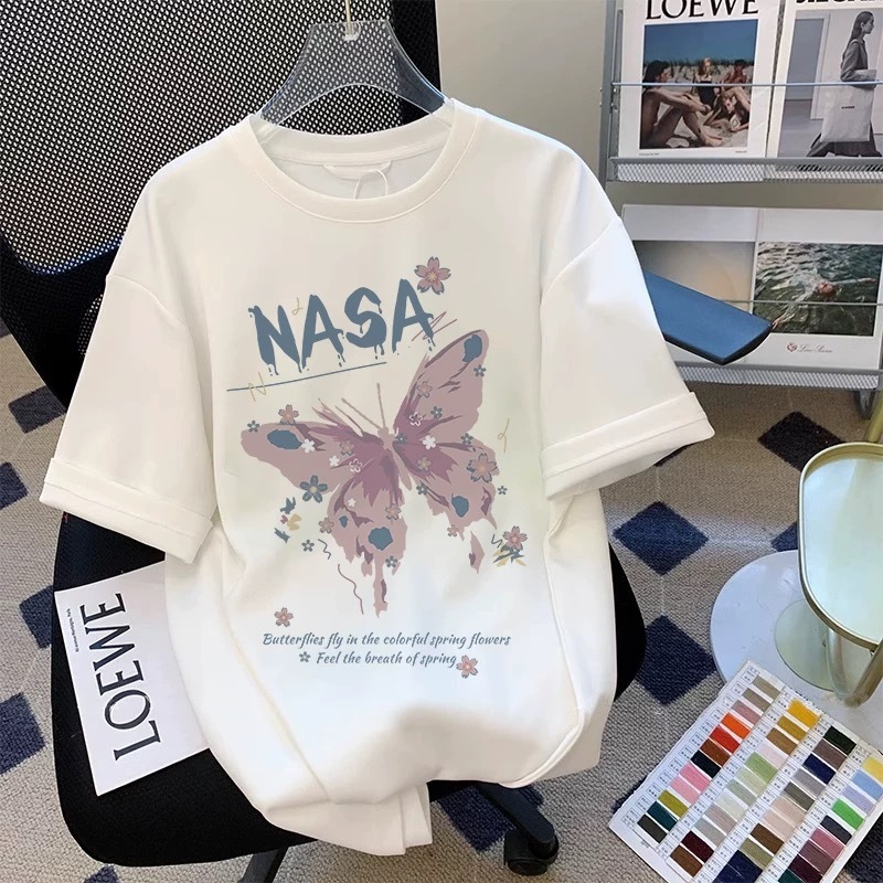 BASIQUE Putih Baju Kaos Oversize NASA Kaos Butterfly Korean Style Baju Atasan Wanita Terbaru 100% Co