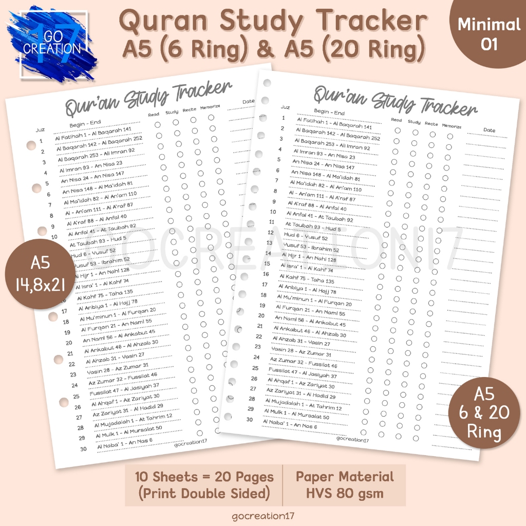 

Buku Planner Kertas Isi Binder Quran Study Tracker Simple Minimalis A5