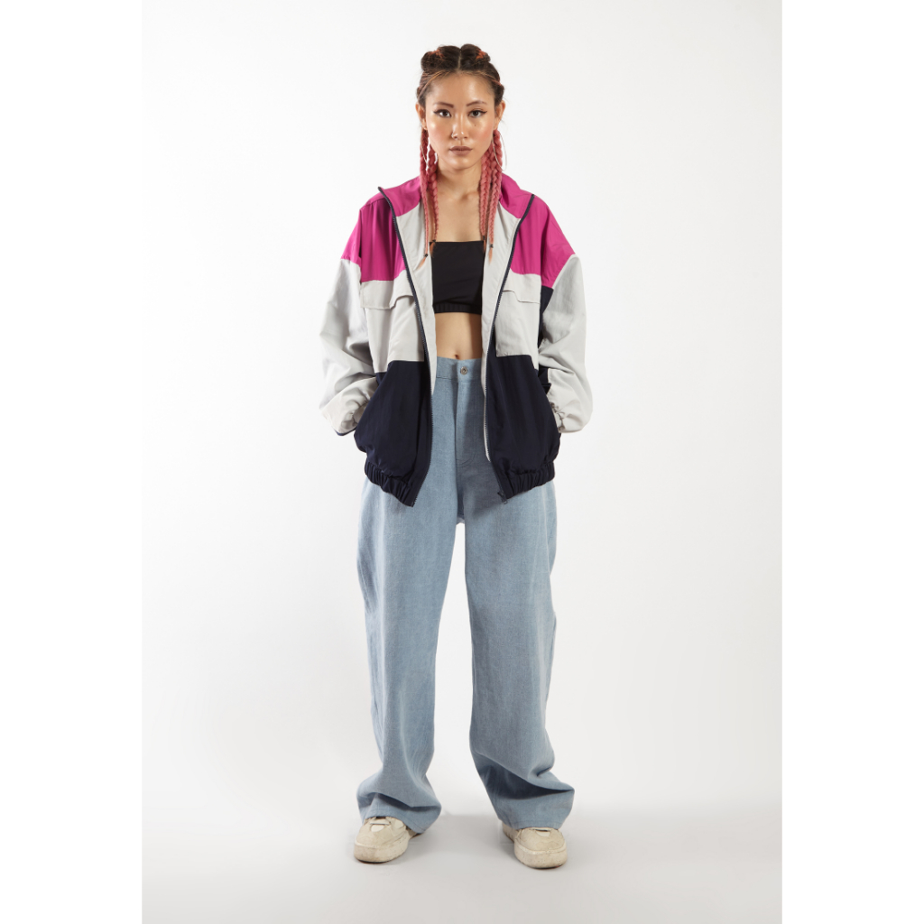 OCWA ELVIS COLORBLOCK 80S INSPIRED WATERPROOF JACKET PINK FUCHSIA GREY NAVY BLUE