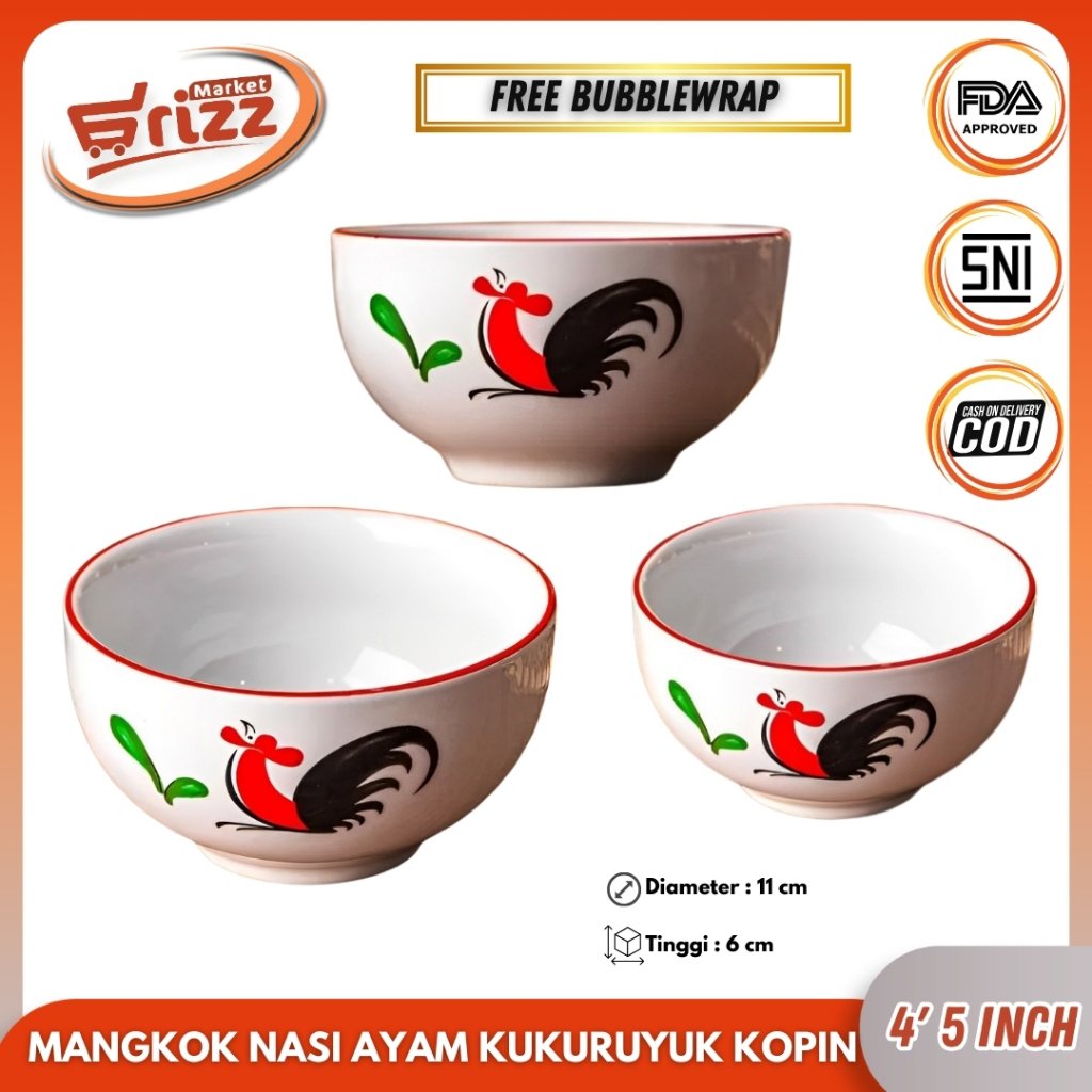 Kedaung Mangkuk Sayur / Vegetable Bowl Kukuruyuk 4'5 inc Mangkok Nasi Kopin Ayam Jago Ukuran 4,5 Inc