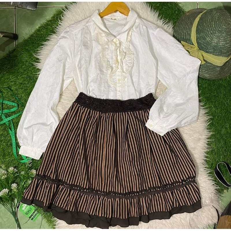 set rok kawai kemeja vintage ruffle
